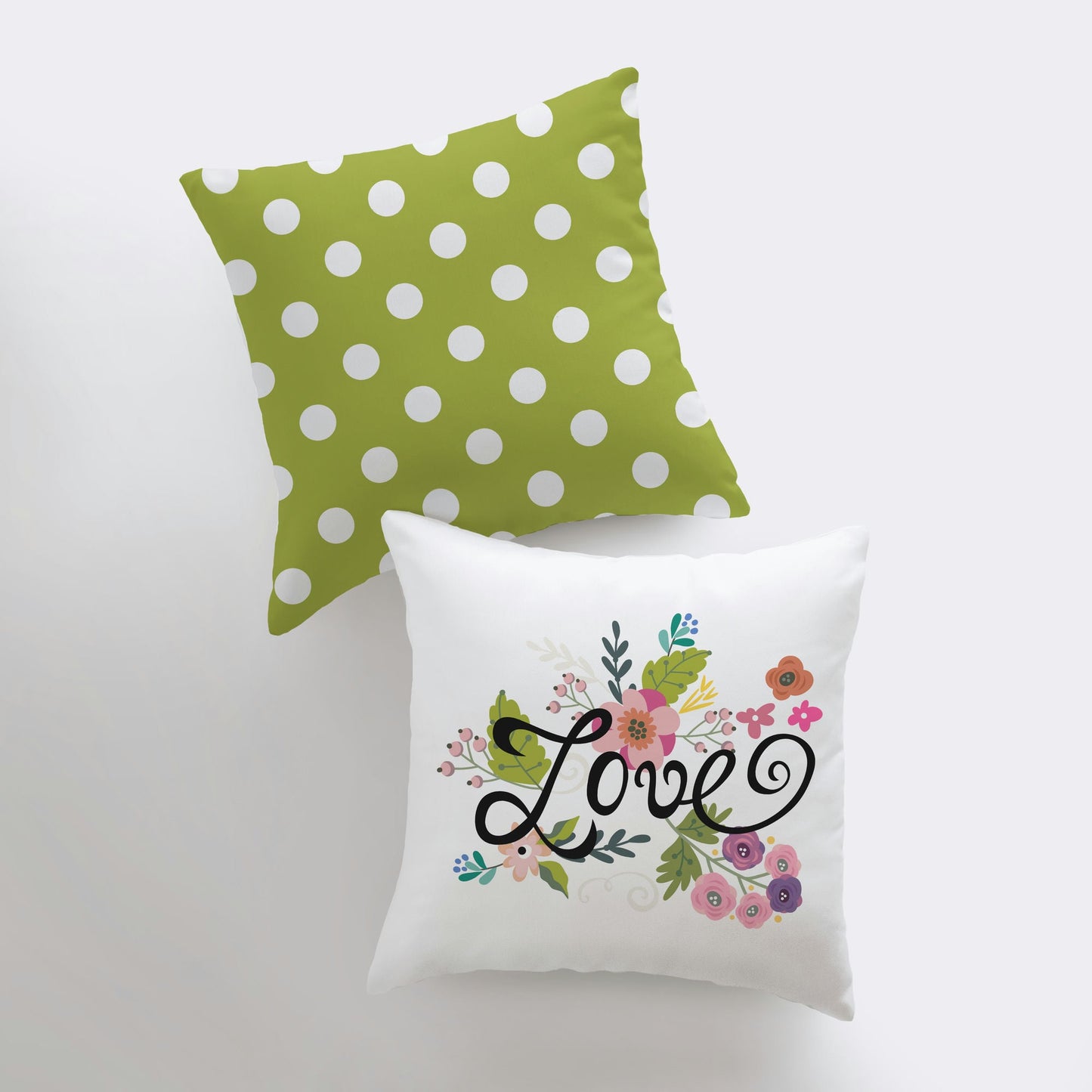 Love Floral Green Polkadot Pillow Cover | Throw Pillow | Home Decor |